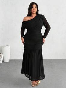 Firerie 大码女士优雅长袖不对称领口针织连衣裙，腰部褶裥设计，适合派对、日常穿着、晚礼服等场合，秋季、返校季、教师装、约会、四季皆宜，优雅百搭，适合通勤、聚会、派对、婚礼季、毕业典礼、舞会、演出、音乐会、工作、返校季、年会、女士生日、假日等各种场合。 - 黑色 - 查看 7