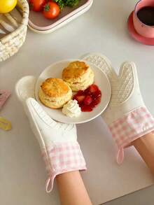1 pieza Guantes de horno de silicona resistentes al calor y anti quemaduras para microondas, hornear y cocina en el hogar - Rosa Blanco - Ver 3