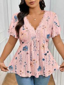 SHEIN Frenchy Plus Size Tie Dye Floral V-Neck Lace Patchwork Textured Women T-Shirt, Going Out Tops Short Sleeve Tops Babydoll Tops Floral Tops Summer Blouses For Women Floral Print Top - Pink - View 1