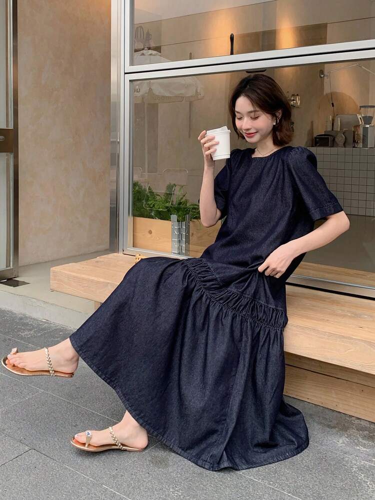 Women's Casual Denim Round Neck Korean Style Dress
