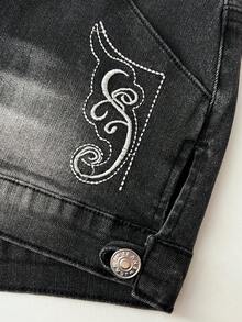 Elamini Quần short denim nữ cạp thấp màu xám/đen, thêu họa tiết cổ điển, xẻ tà bên hông, cài nút, thích hợp cho mùa hè. - màu đen - Xem 3