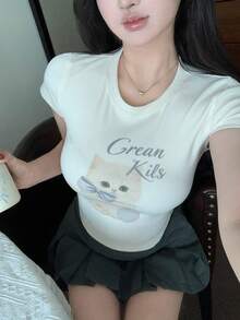 DAZY Women's Casual Cat Print Short Sleeve T-Shirt, Summer - White - View 3