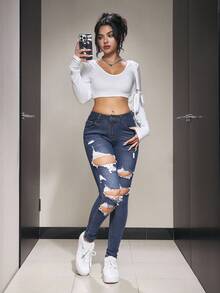 Flexra Women's Ripped Casual Grunge Denim Jeans Night Out Navy Blue And White Summer - Dark Wash - View 6
