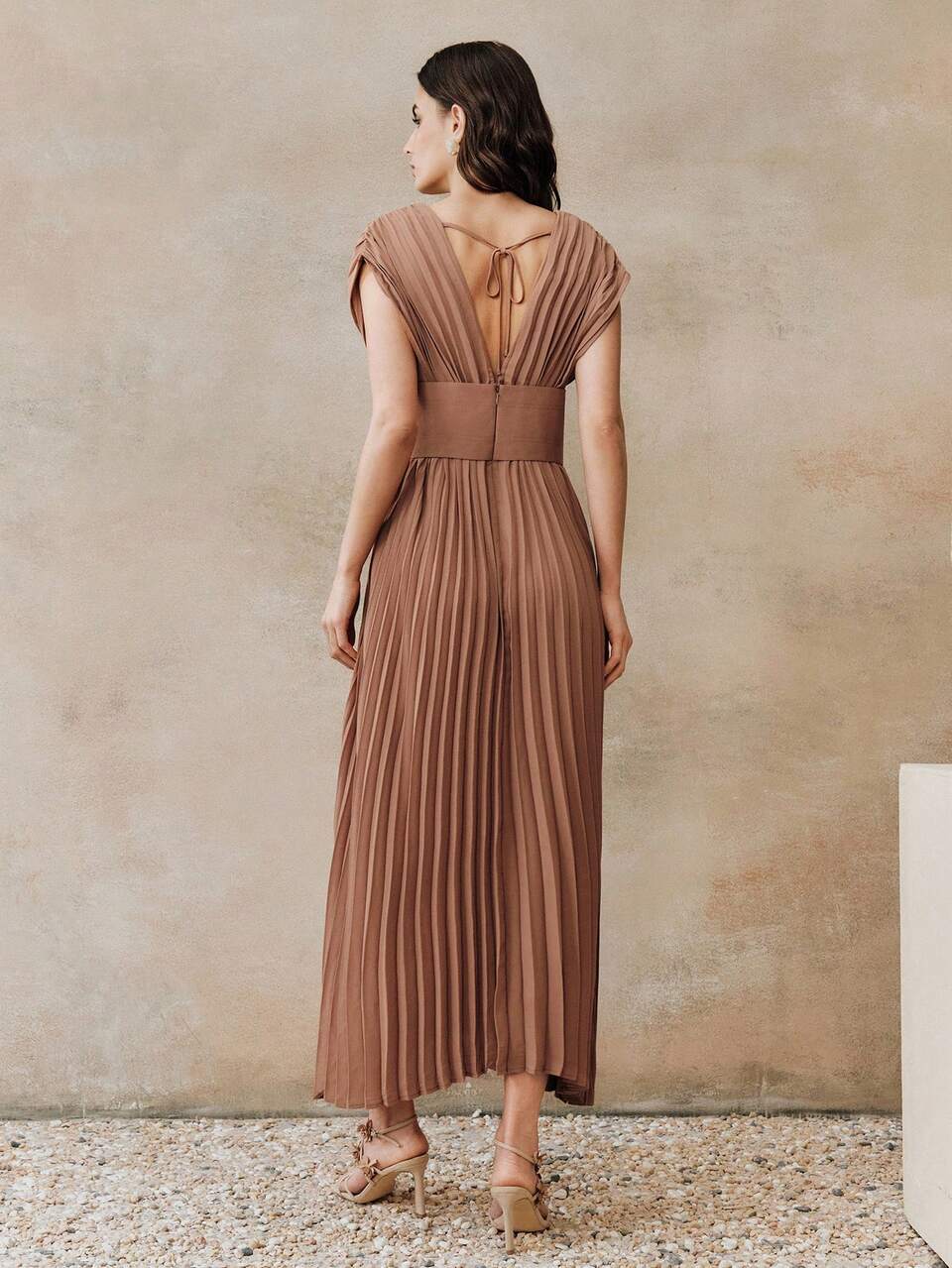 Anewsta Women's V-Neck Ruched Waist Elegant Dress Pleated Dresses Earth Tone Dress Brown Elegant Dress Women