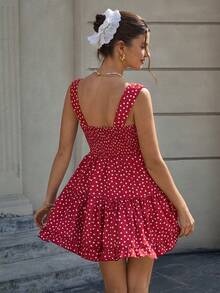 Cévolie 女士波点印花优雅无袖圆领连衣裙 - 酒紅色 - 查看 2