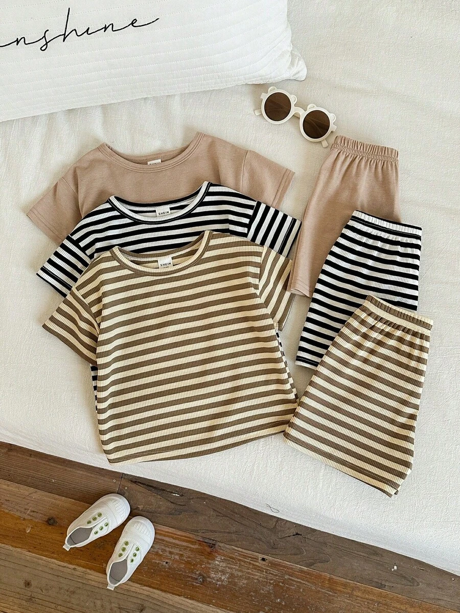 SHEIN 3件套男女宝宝短袖短裤睡衣套装，针织面料，适合室内外穿着 - 彩色 - 查看 1