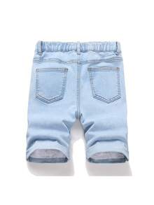 SHEIN Tween Boy Fashion Casual Y2k Vintage Cool Street Blue Denim Patchwork Design Cut Out Ripped Frayed Design Comfortable Soft Stretch Snug Fit Five-Point Denim Shorts For Kids Clothes Boys Soft Dailywear And Kids Summer And Spring Clothes - Blue - View 2
