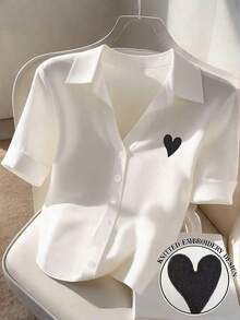 Resyla Women's Casual Short Sleeve Polo Shirt, White, Heart Embroidery, Back To School, Street Style, Teacher's Day, Summer - White - View 1