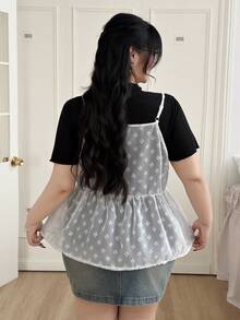 CovetEZ Plus Size Casual T-Shirt & Spaghetti Strap Sheer Textured 2 Pieces Set, Spring/Summer, Summer Outfits See Through Top Babydoll Tops Woman - Black and White - View 2