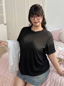 CovetEZ Plus Size Casual T-Shirt & Spaghetti Strap Sheer Textured 2 Pieces Set, Spring/Summer, Summer Outfits See Through Top Babydoll Tops Woman - Black and White - View 4