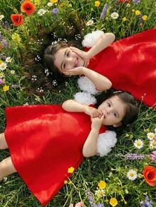 SHEIN 女婴时尚撞色泡泡袖直筒连衣裙 - 紅色 - 查看 7