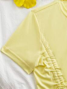Flirla Women's Solid Color Round Neck Short Sleeve Drawstring Ruched T-Shirt,Cute Yellow Summer Tops For Vacation,Holiday Casual Versatile Ruched Top - Pale Yellow - View 4