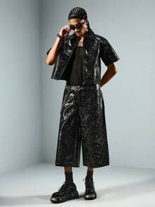 ROMWE MEN Street Life 男士PU纹理阔腿宽松休闲短裤 - 黑色 - 查看 2