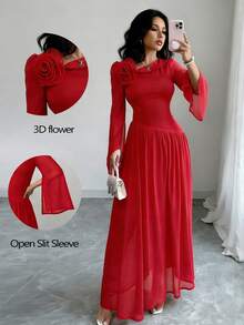Rafferiza 女士新品：春、夏、秋季 - 优雅、浪漫、华丽 - 生日派对、晚宴、度假、日常穿着 - 优雅通勤 - 法式不对称肩领设计 - 手工缝制3D花朵 - 显瘦腰身 - 雪纺拼接 - 开衩 - 飘逸喇叭袖 - 女士中长款晚礼服 - 派对、圣诞节、新年时尚连衣裙 - 生日礼服 - 穆斯林连衣裙 - 红色长裙 - 情人节外出 - 大碎花连衣裙 - 嘉年华连衣裙 - 红色连衣裙 - 保守连衣裙 - 女孩派对连衣裙 - 不对称领连衣裙 - 浪漫雪纺连衣裙 - 紅色 - 查看 1