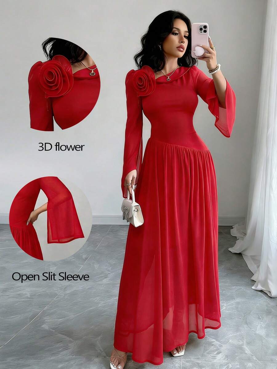 Rafferiza 女士新品：春、夏、秋季 - 优雅、浪漫、华丽 - 生日派对、晚宴、度假、日常穿着 - 优雅通勤 - 法式不对称肩领设计 - 手工缝制3D花朵 - 显瘦腰身 - 雪纺拼接 - 开衩 - 飘逸喇叭袖 - 女士中长款晚礼服 - 派对、圣诞节、新年时尚连衣裙 - 生日礼服 - 穆斯林连衣裙 - 红色长裙 - 情人节外出 - 大碎花连衣裙 - 嘉年华连衣裙 - 红色连衣裙 - 保守连衣裙 - 女孩派对连衣裙 - 不对称领连衣裙 - 浪漫雪纺连衣裙 - 紅色 - 查看 1