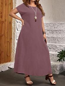 EMERY ROSE Plus Size Casual Solid Color Round Neck Short Sleeve Dress For Summer/ Vacation, Summer Dresses - Purple - View 5