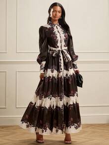 Lilora 优雅高端佩斯利花纹花卉领口纽扣闭合收腰多层荷叶边泡泡袖灯笼袖女士派对连衣裙 - 彩色 - 查看 9