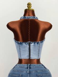 Mistrie 女士破洞系带露脐吊带牛仔上衣 - 藍色 - 查看 2