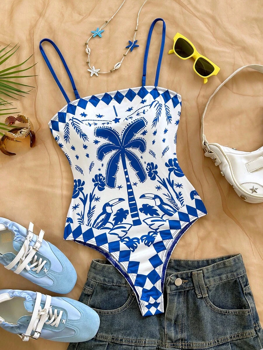 Soleia 一件女士蓝白热带棕榈树印花连体裤，优雅休闲沙滩度假装 - 藍白色 - 查看 1