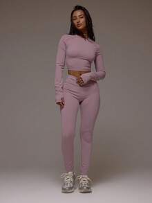 Musera Sport Cut Out Twist Back Long Sleeve Active Crop Top And Dipped Crossover Waistband Leggings Active Workout Gym Pilates Fitness Daily Casual Smoky Quartz - Dusty Purple - View 5