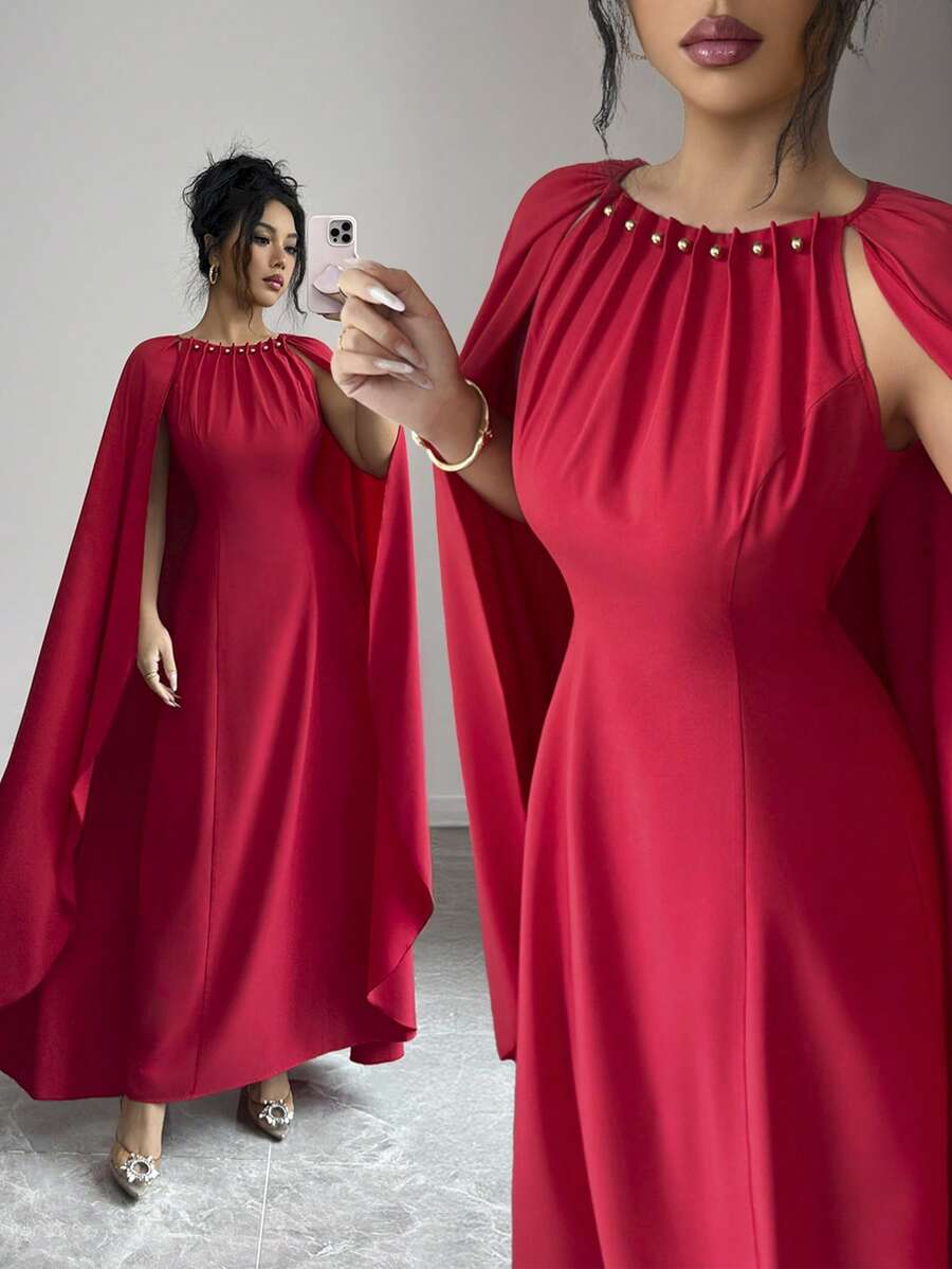 SHEIN Raffinéa 女士优雅派对宴会串珠褶皱披肩袖收腰连衣裙 - 紅色 - 查看 1