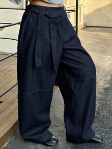 Dazy Plus Fashionable Retro Dark Denim Blue Waistband Tie Design Loose Harem Long Jeans, All Season