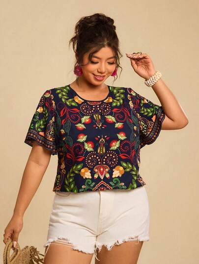 Travachic 大码女式热带印花宽松休闲短袖衬衫