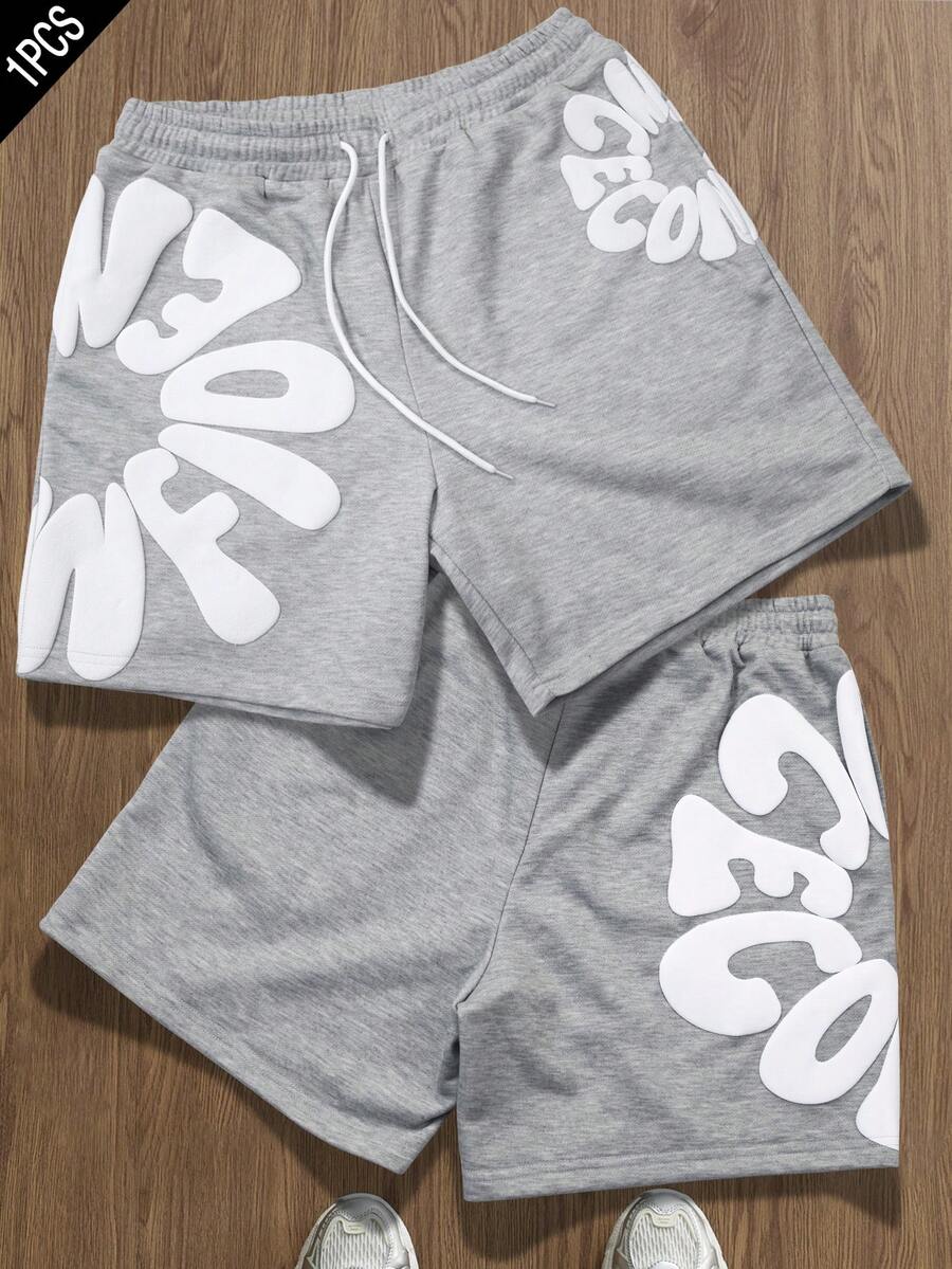 TOKVUE 男士字母印花抽绳腰休闲短裤，夏季 - 灰色 - 查看 1