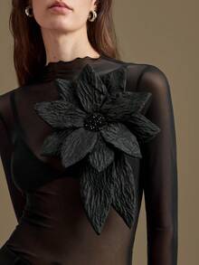 Ontre 2026春夏女装上衣，优雅婚礼风格，四向弹力网纱面料，3D立体花卉设计，现代都市风，黑色3D立体花卉图案，立领，无袖，女式上衣，女式T恤，音乐节，黑色，商务休闲办公装，低调复古风，高品质，机场时尚，高端面料，情人节女士优雅正式礼服 - 米色 - 查看 6