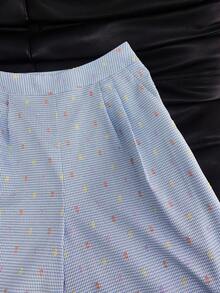 Franclia Pantalones casuales azules de mujer de verano, de cintura alta, con pliegues, a cuadros, con recortes y sueltos, de estilo francés y versátiles - Azul - Ver 4