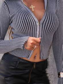 Rayane Ketlyn 罗纹高领拉链开衫 春季休闲 2000 年代 90 年代条纹 可爱 机场 假日 暑假 秋季 返校 秋季 冬季 日常 圣诞节 工作 办公室 - 深灰色 - 查看 3