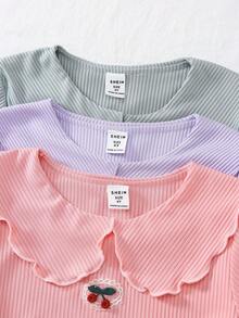 3pcs/Set Cute Cherry Peter Pan Collar Short Sleeve Top And Pants Girls Casual Comfortable Pajamas/Loungewear, Random Assortment - Multicolor - View 3