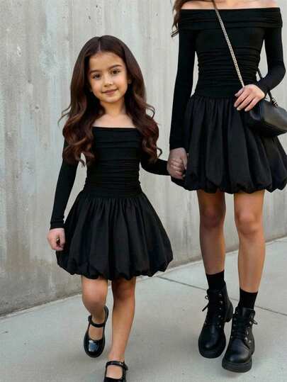 Firerie Kids Young Girl Casual Elegant High-End Street Style Solid Color Off-Shoulder Puff Sleeve Fitted A-Line Dress, Black, Suitable For Weddings, Parties, And Other Occasions