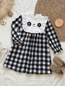 Vintaside Kids Đầm dài tay họa tiết kẻ caro 3D dễ thương cho bé gái, thích hợp mặc mùa xuân, thu, đông, trong nhà và ngoài trời, mặc hàng ngày. - màu đen - Xem 3