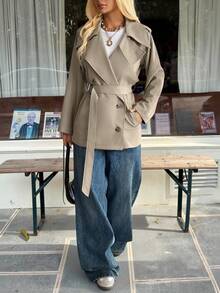 SHEIN EZwear 休闲百搭通勤米色梭织双排扣风衣