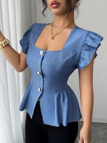 Elenzga New Stylish Linen French Casual Elegant Design Square Collar Waist Cinched Ruffle Hem Blouse, Versatile For Women In Summer - Dusty Blue - View 2