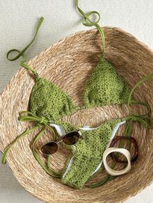 Swim Vcay 2pcs Textured Fabric Beaded Decor Triangle Bra & Tie Side Bikini Swimsuit Set, Sexy Women Summer Holiday Beach Accessories Beach Set For Women Knit Sets Green Vacation Outfit Olive Green Bikini - Olive Green - View 1