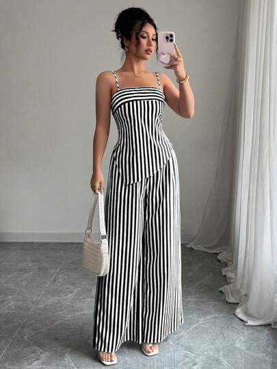 Elenzga Conjunto casual de 2 piezas con top de tirantes asimétrico a rayas y pantalones de pierna ancha para mujer
