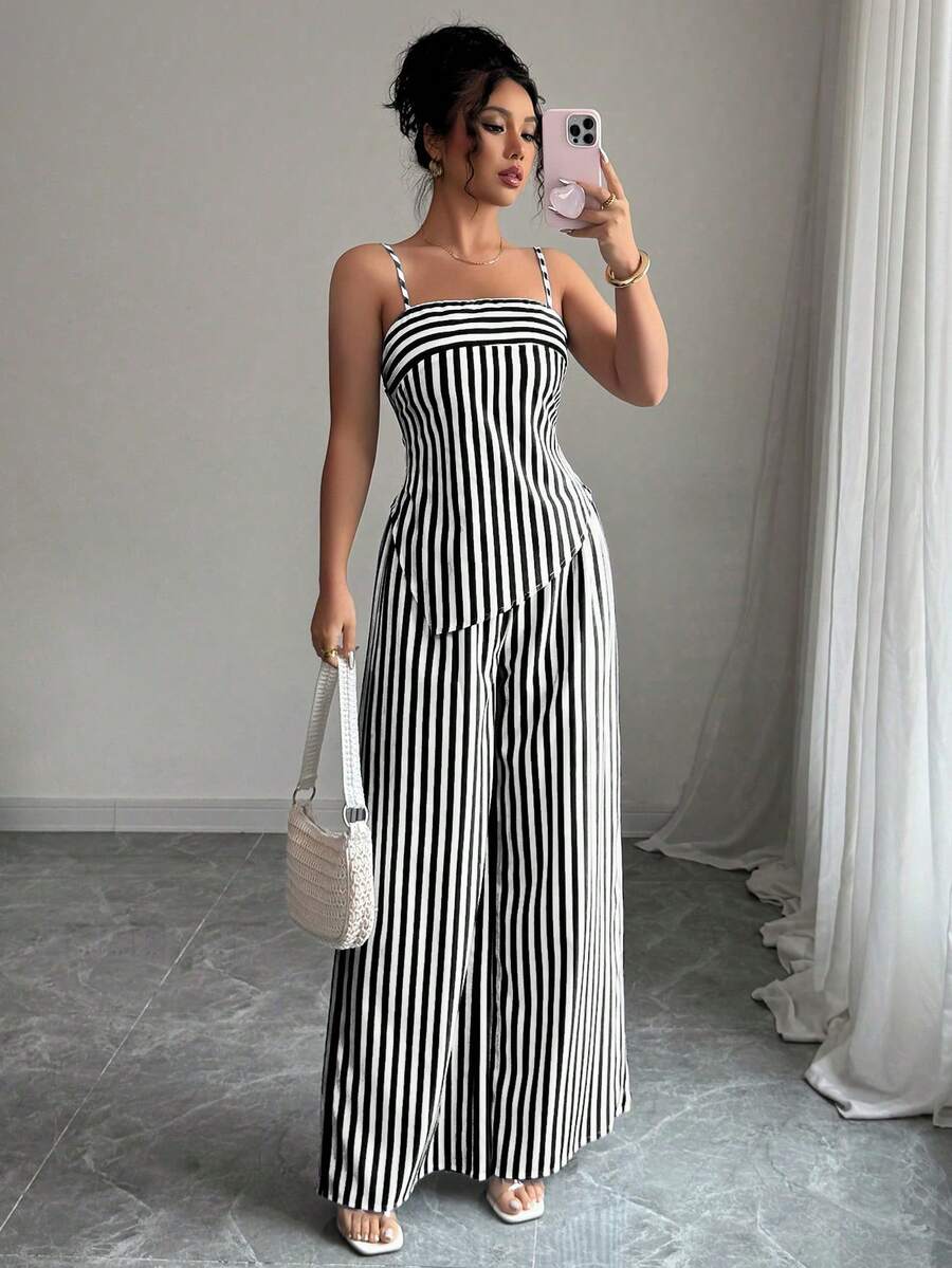 Elenzga Women's Striped Asymmetric Hem Camisole Top And Wide Leg Pants Casual 2 Pieces Set - Black - View 1