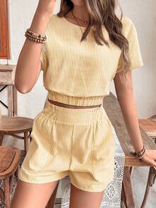 SHEIN Frenchy 女士条纹圆领短袖衬衫和短裤休闲两件套 - 黃色 - 查看 7
