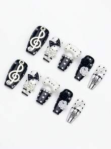 ROMWE Anime 10 Music Notes, Fake Nail Pads And A Piece Of Double-Sided Tape - Black and White - View 3