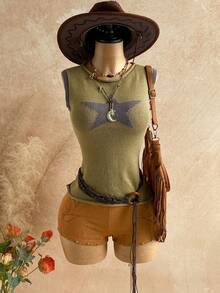 Soleia Women's Round Neck Five-Pointed Star Pattern Fashionable Versatile Date Outing Knitted Sweater - Army Green - View 1