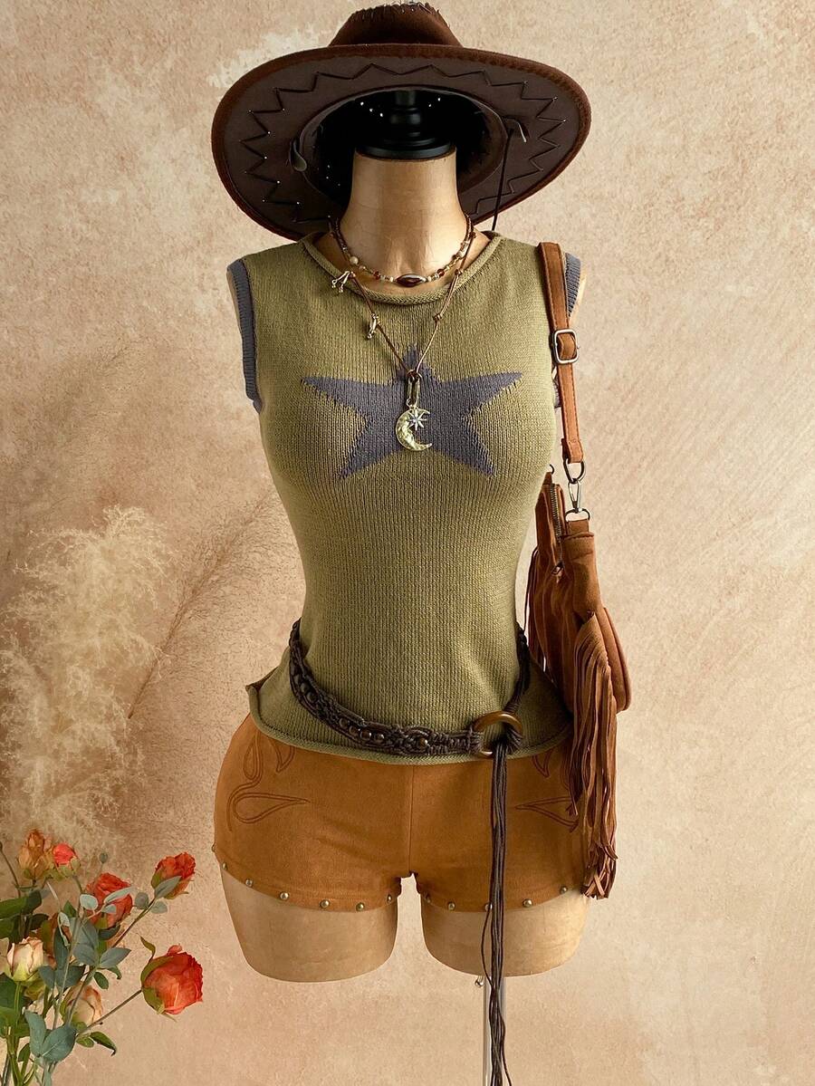 Soleia Women's Round Neck Five-Pointed Star Pattern Fashionable Versatile Date Outing Knitted Sweater - Army Green - View 1