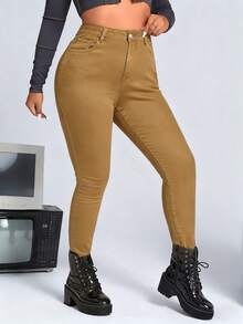 SHEIN ICON 大码女式休闲纯色高腰紧身牛仔裤 - 黃色 - 查看 3
