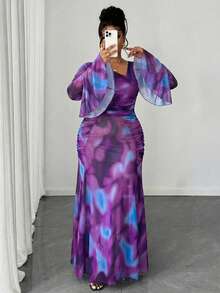 Maweii Plus Size Women's Sexy Semi-Sheer Extra Long Digital Split Ruched Oblique Shoulder Long Sleeve Dress, Spring/Autumn/Winter - Multicolor - View 3