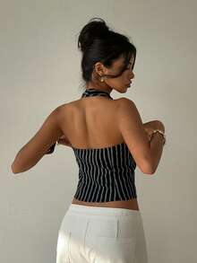 Aloruh Áo công sở nữ, Áo đi làm, Áo không tay thanh lịch, Áo vest không tay thường ngày, Áo vest không tay kẻ sọc đen trắng, Áo vest mỏng kẻ sọc một hàng cúc, Áo sơ mi ngang eo, Áo đen, Áo dự tiệc nữ, Áo thường ngày cho nữ, Áo mùa hè, Phong cách cổ điển - màu đen - Xem 3