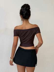 Aloruh Women's Shades Of Brown Off-Shoulder Short Sleeve Knit Fitted T-Shirt,Summer Seksi Chic Solid Color Top For Night Out,Commuting Office Work Attire - Coffee Brown - View 3