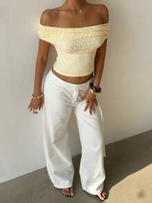 Aloruh 浅黄色露肩短袖蕾丝衬衫，优雅职场必备上衣 - 淡黃色 - 查看 6