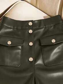 SHEIN Franclia Women's Casual Fashion PU Leather Solid Color Button Fly Flap Pocket Shorts - Army Green - View 4