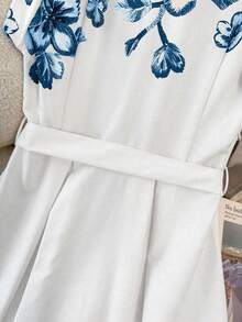 Franclia 女士优雅印花衬衫裙，适合春夏度假和日常穿着 - 藍色 - 查看 3